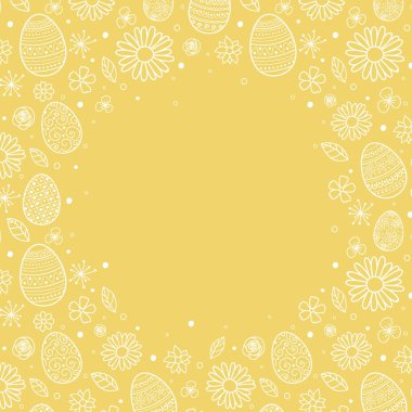 Arka planda paskalya yumurtaları ve çiçekleri var. Vektör