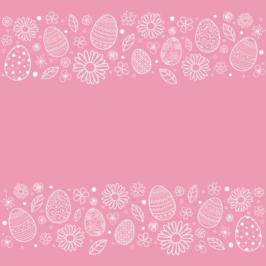 Arka planda paskalya yumurtaları ve çiçekleri var. Vektör