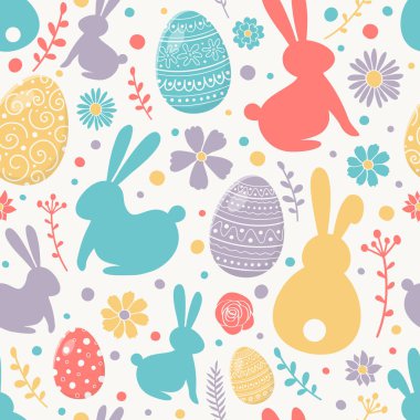Renkli desenli dekoratif yumurtalar, tavşanlar ve çiçekler. Paskalya geçmişi. Vektör