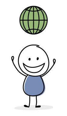 Dünya 'lı Happy Stickman, internet sitesi sembolü. Vektör