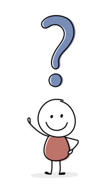 Soru işareti ikonuyla gülen karikatür işadamı. Vektör