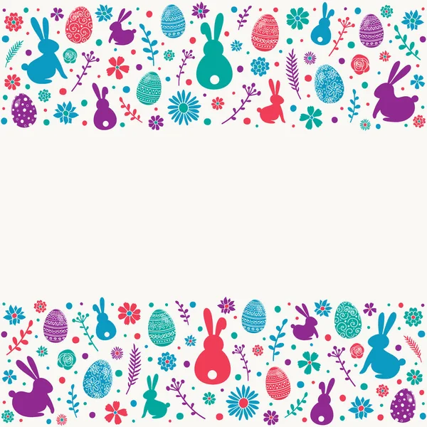 Pasen Kaart Met Copyspace Kleurrijke Eieren Konijnen Bloemen Witte Achtergrond — Stockvector