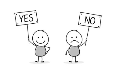 İş görüşmeleri konsepti. Sopacılar tabağı mesajla tutuyorlar - evet ve hayır. Vektör