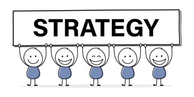 Kurulda yazılı metni olan gülen karikatür işadamı. Strateji. Vektör