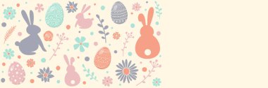 Paskalya yumurtaları, tavşanlar ve çiçekler beyaz arka planda kopyalanmış. Kartpostalın planı. Pankart. Vektör