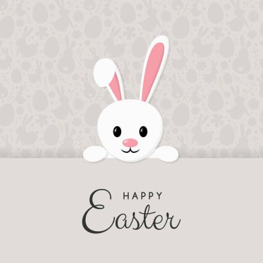 Mutlu Paskalyalar. Gri arkaplanlı gülen tavşanlı tebrik kartı. Vektör