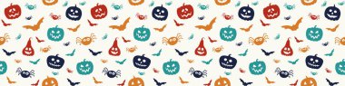 Design of Halloween pattern with funny pumpkin lanterns, bats and spiders. Banner. Vector