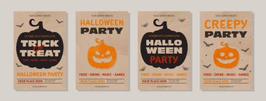 Komik balkabaklı Cadılar Bayramı Partisi posteri. Kart koleksiyonu. Vektör illüstrasyonu