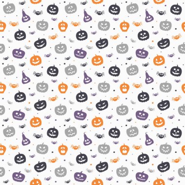 Komik balkabakları ve örümceklerle cadılar bayramı deseni. Duvar kağıdı. Vektör