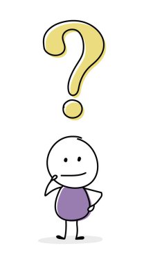 Soru işareti ikonuyla karikatür işadamı olmayı düşünüyorum. Vektör