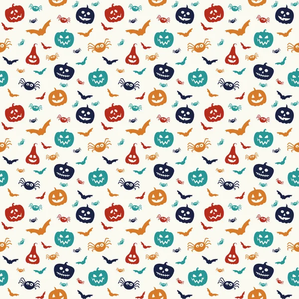 Grappige Halloween Textuur Met Pompoenen Vleermuizen Spinnen Naadloos Patroon Vector — Stockvector