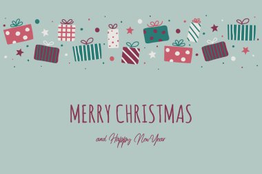 İçinde Noel hediyesi kutuları ve dilekleri olan bir kart tasarımı. Vektör