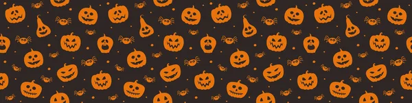 Banner Engraçado Halloween Com Abóboras Aranhas Padrão Sem Costura Vetor — Vetor de Stock
