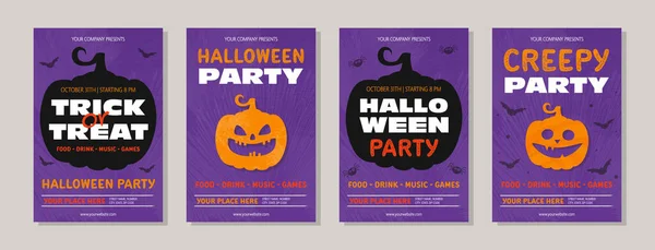 Design Von Halloween Party Poster Mit Lustigem Kürbis Kartensammlung Vektorillustration — Stockvektor