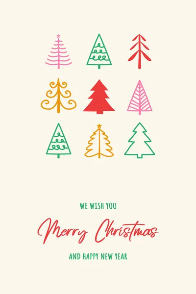 Árvores Coloridas Desenhadas Mão Cartão Natal Ilustração Vetorial — Vetor de Stock