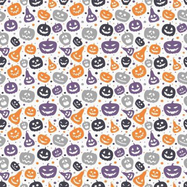 Komik balkabağı fenerleriyle dolu bir arka plan. Cadılar Bayramı kusursuz. Vektör