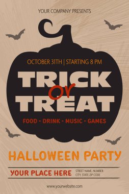 Cadılar Bayramı Partisi posteri ve tüyler ürpertici balkabağı. Vektör illüstrasyonu