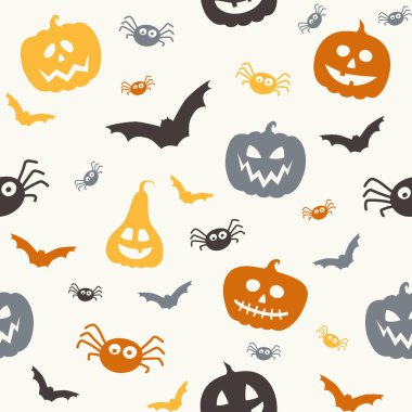 Balkabakları, yarasalar ve örümceklerle komik Cadılar Bayramı dokusu. Kusursuz desen. Vektör