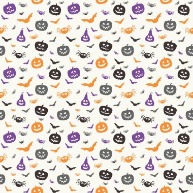 Kabaklı, yarasalı ve örümcekli ürkütücü Cadılar Bayramı duvar kâğıdı. Kusursuz desen. Vektör