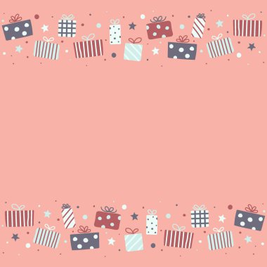 Noel arkaplanı, el çizimi hediye kutuları ve telif alanı. Vecto
