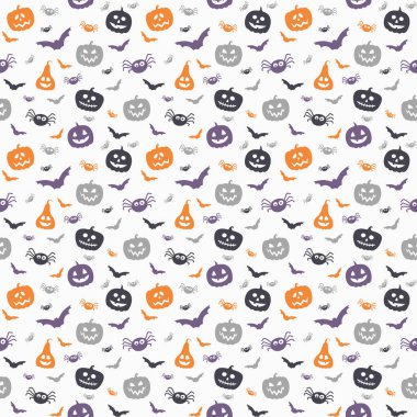 Komik balkabağı fenerleri, yarasalar ve örümceklerle dolu bir arka plan. Cadılar Bayramı kusursuz. Vektör