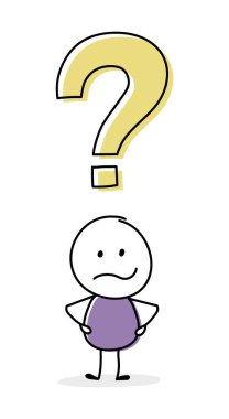 Soru işareti ikonlu kızgın çizgi film karikatürü. İş konsepti. Vektör