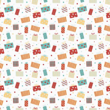 Elle çizilmiş hediye kutularıyla Noel deseni. Panoramik başlık. Vektör