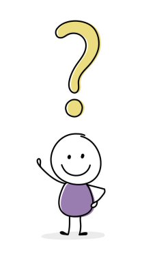 Soru işareti ikonlu gülen çizgi film karikatürü. İş konsepti. Vektör