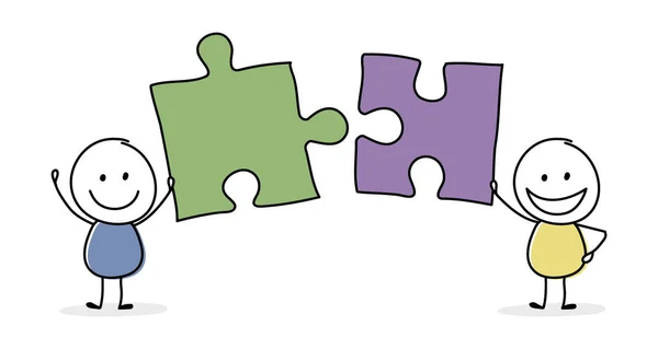 Zeichentrickfiguren Mit Puzzle Teamwork Geschäftskonzept Vektor — Stockvektor