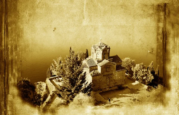 Church of St. John at Kaneo, and old paper grunge background — Stock Photo, Image