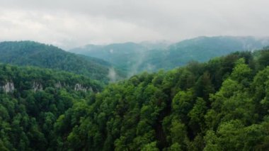 Kafkas Dağları, Akhun Dağları. Navalishinsky Kanyonu (Beyaz kayalar). Bolshaya Khosta Nehri 'nin sisli vadisi. Hava görünümü.