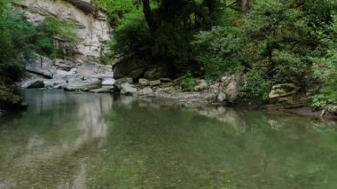 Kafkaslar. Khosta Dağı nehri üzerindeki Navalishinsky Kanyonu 'nda bir uçuş. Subtropikal orman.