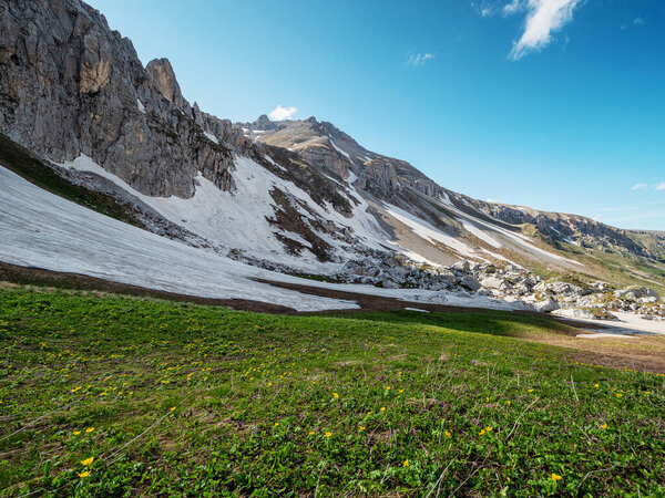 North Caucasus. Caucasian nature reserve. Lago-Naki Plateau in spring. Armenian pass. Mount Oshten.