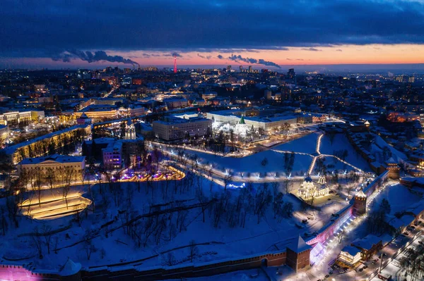 Нижній Новгород Фестивальні Вогні Повітряний Вид Кремля Насипу — стокове фото