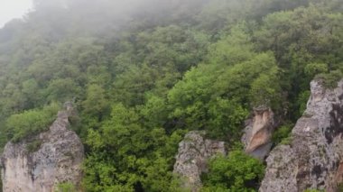 Kafkasya Dağları, Adygeya. Sis içinde Belaya Nehri ve Una-Koz sırtı üzerinde uçuyor..