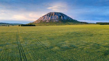 Kireç taşı Shikhan Toratau 'dan oluşan antik denizin resifinden geriye kalanlar. Hava görünümü.