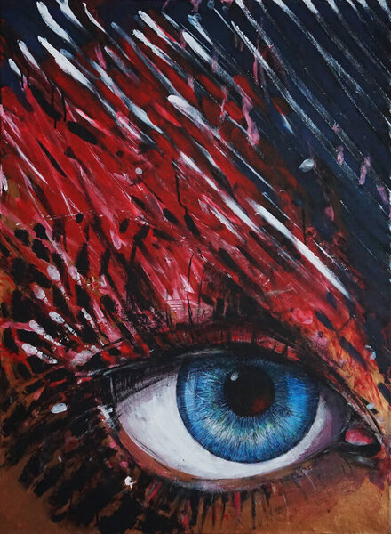 Macro shot of womans beautiful eye, bright and deep colors make-up. Dark blue eyeshadow on eyelid. Sensual look.