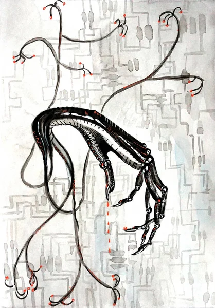 Bionikus kéz könnyű háttérrel. Szabadkézi rajzolás. Trendi felület — Stock Fotó