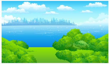 Yeşil manzaralı ve rıhtımlı City Skyline