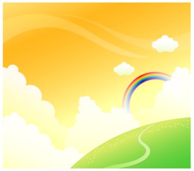 Yeşil dağ ve gökkuşağı gökyüzü