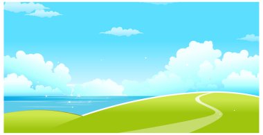 Deniz ve mavi gökyüzü ile yeşil manzara