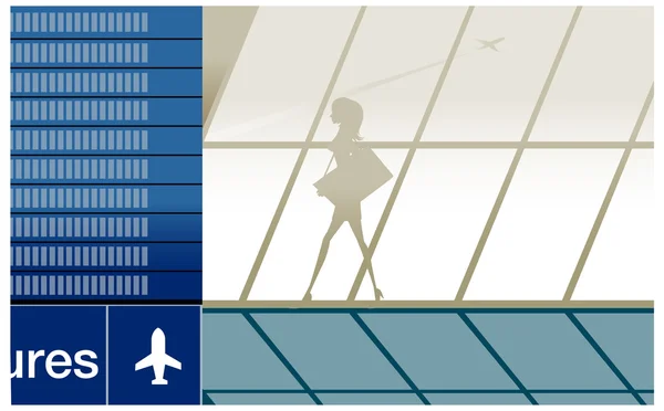 Silhouette eines schönen Mädchens im Flughafen mit Gepäck — Stockvektor