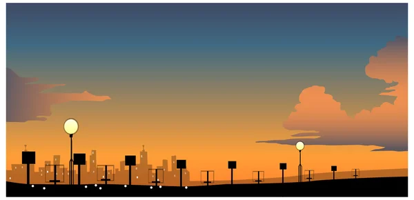 Skyline de la ville avec réverbère la nuit — Image vectorielle