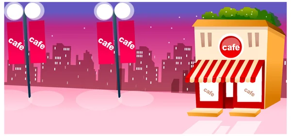 Cafe Exteriör mot stadens skyline — Stock vektor