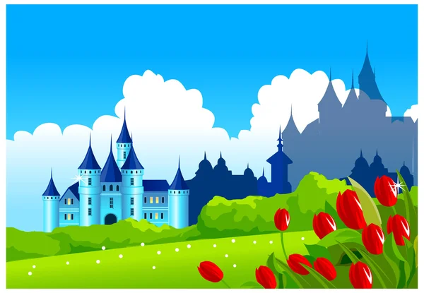 Castillo de fantasía en paisaje verde — Vector de stock