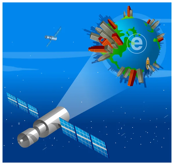 Satélite focado na Terra com e símbolo nele —  Vetores de Stock