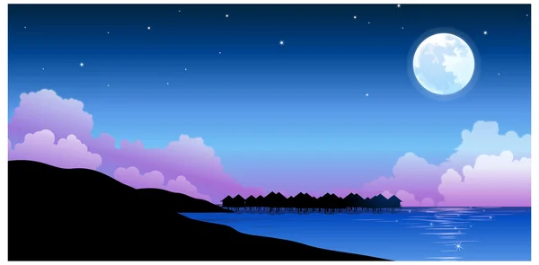 Luna llena sobre apacible paisaje acuático — Vector de stock