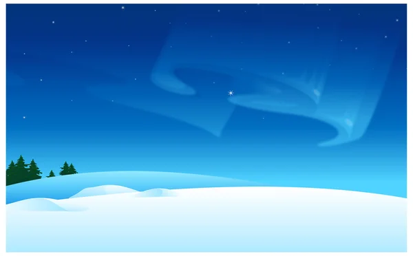 Paisaje de nieve y Aurora Boreal en el cielo — Vector de stock