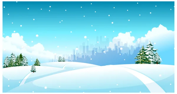 Ciudad skyline sobre nieve paisaje — Vector de stock