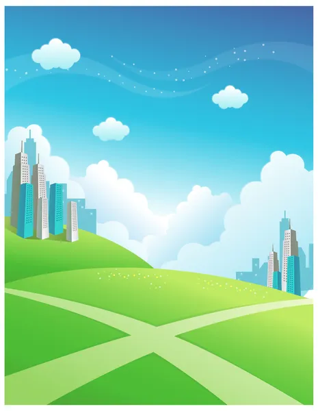 Buildings and cross path over the Green mountain — Stock Vector